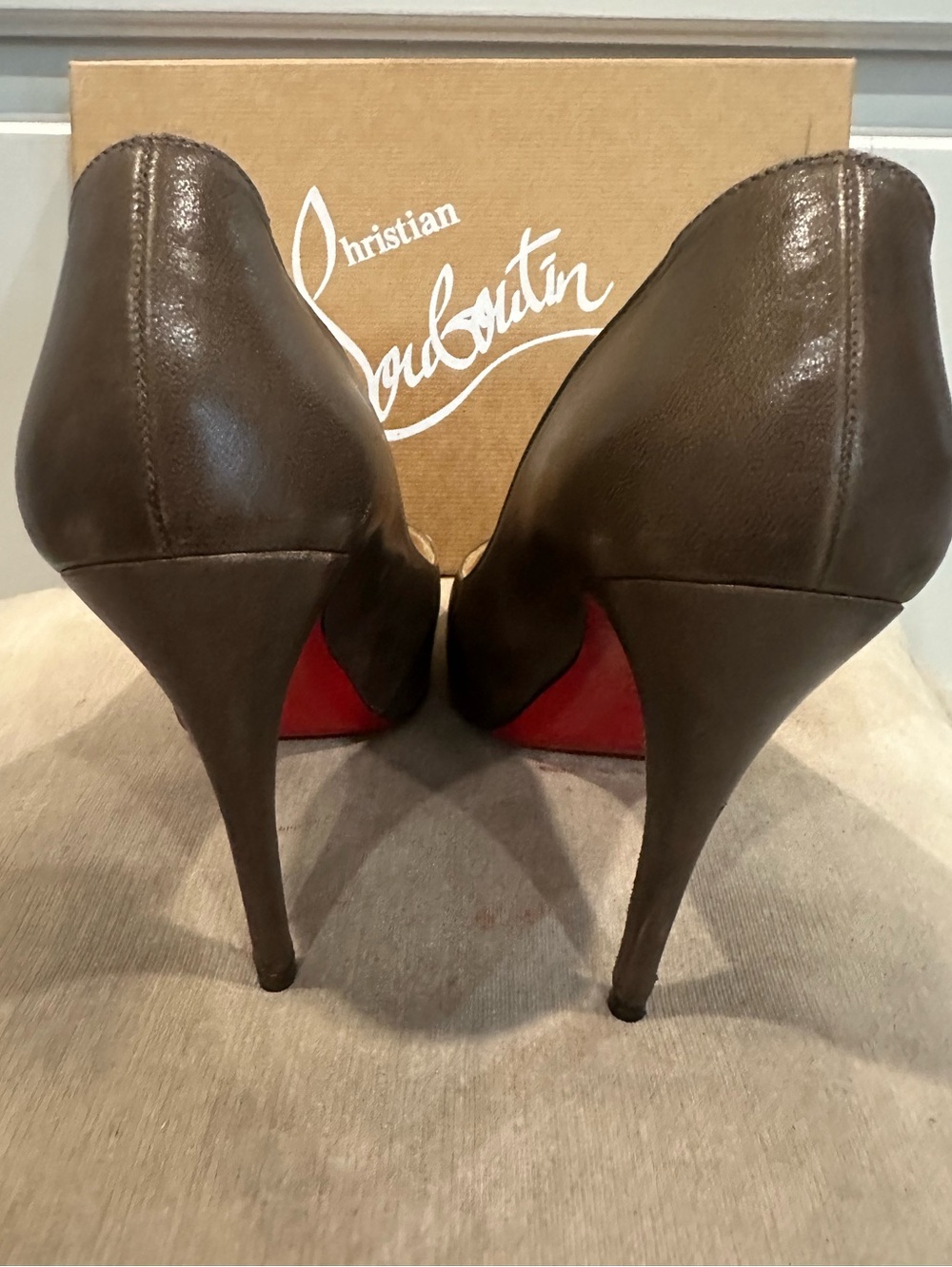 Christian Louboutin Brown Leather Peep-Toe Pump with Red Sole - Picture 7 of 9
